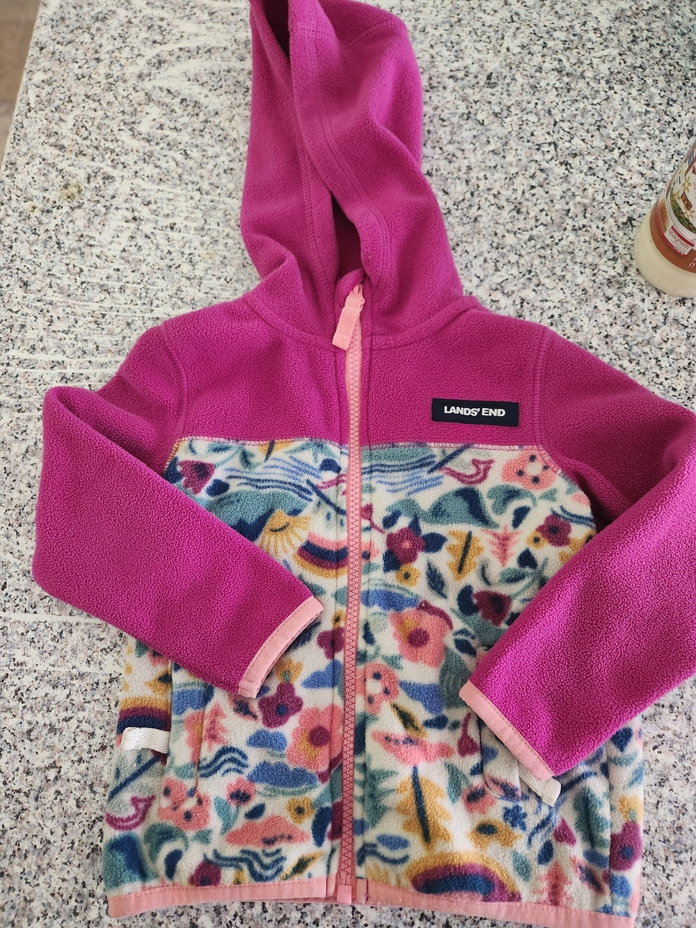 Lands' End Girls' Bright Pink Hooded Fleece Jacket with Floral Panel